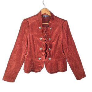 Cass Faux Suede Peplum Blazer Brown L Double Breasted Gold Button Military